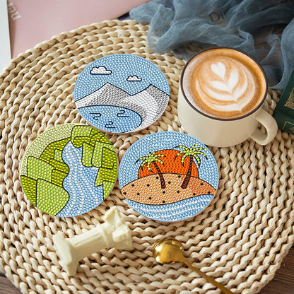 8 Pcs Wooden DIY Diamond Painting Art Coaster Kit with Holder (Sandy Coastline)