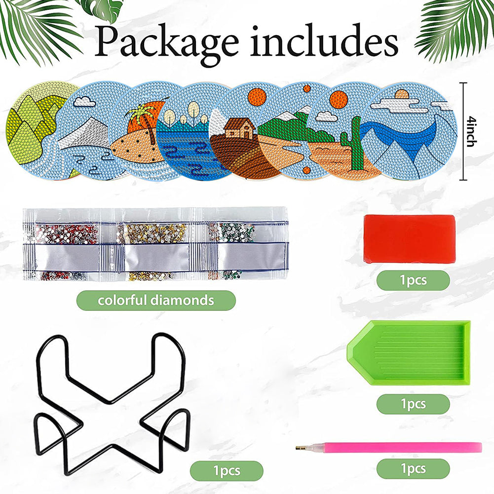 8 Pcs Wooden DIY Diamond Painting Art Coaster Kit with Holder (Sandy Coastline)
