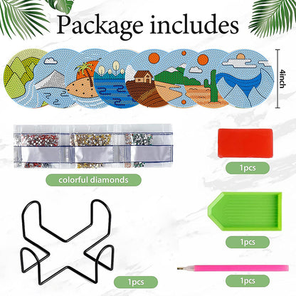 8 Pcs Wooden DIY Diamond Painting Art Coaster Kit with Holder (Sandy Coastline)