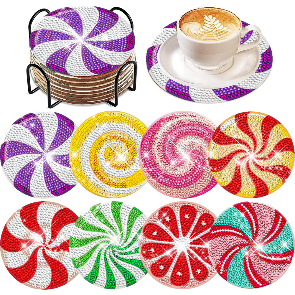 8 Pcs Wooden DIY Diamond Painting Art Coaster Kit with Holder (Spiral Pattern)