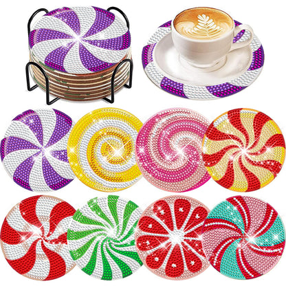 8 Pcs Wooden DIY Diamond Painting Art Coaster Kit with Holder (Spiral Pattern)