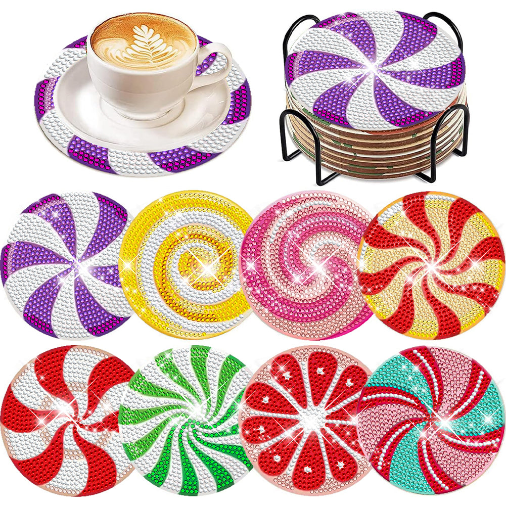 8 Pcs Wooden DIY Diamond Painting Art Coaster Kit with Holder (Spiral Pattern)
