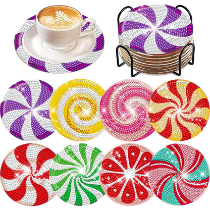 8 Pcs Wooden DIY Diamond Painting Art Coaster Kit with Holder (Spiral Pattern)