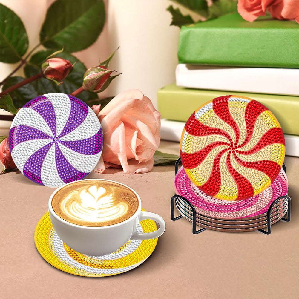 8 Pcs Wooden DIY Diamond Painting Art Coaster Kit with Holder (Spiral Pattern)