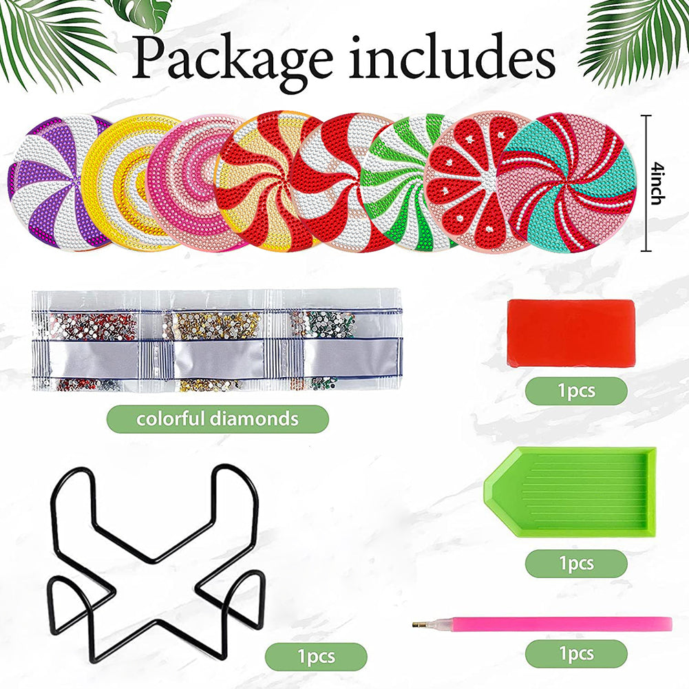 8 Pcs Wooden DIY Diamond Painting Art Coaster Kit with Holder (Spiral Pattern)