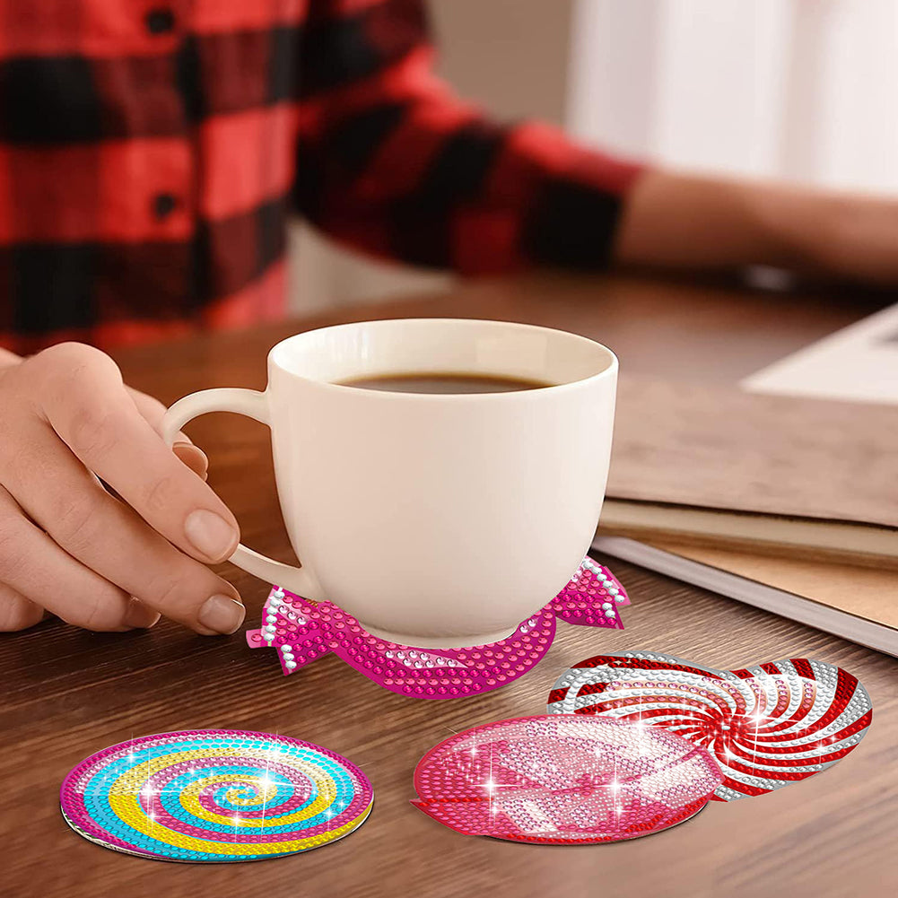 8 Pcs Wooden DIY Diamond Painting Art Coaster Kit with Holder (Spiral Pattern)