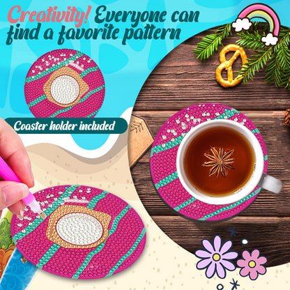 8 Pcs Wooden DIY Diamond Painting Art Coaster Kit with Holder (Doughnut)