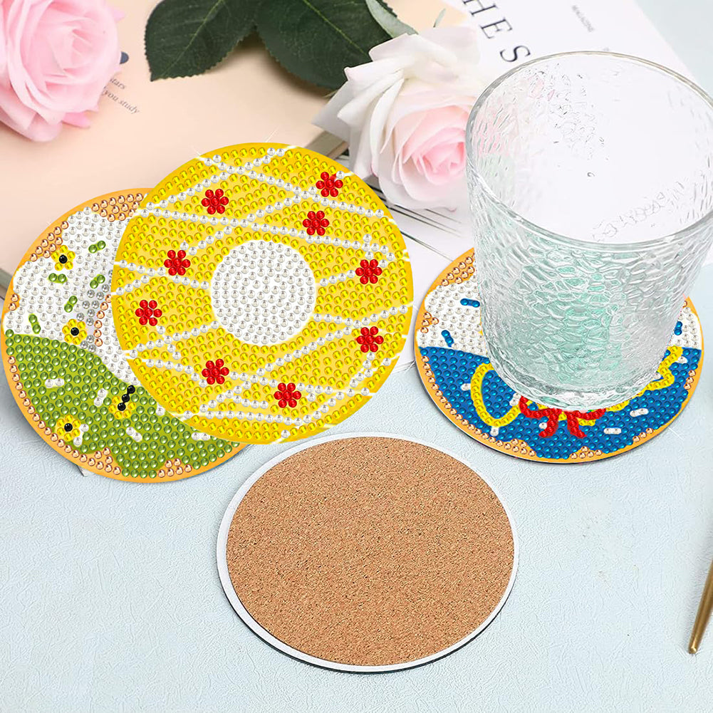 8 Pcs Wooden DIY Diamond Painting Art Coaster Kit with Holder (Doughnut)