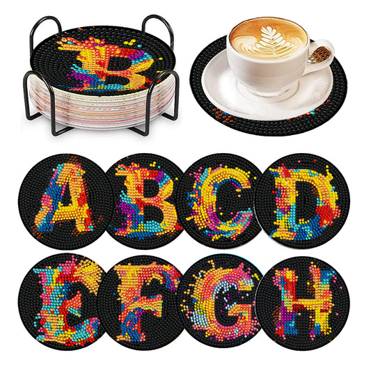 8 Pcs Wooden DIY Diamond Painting Art Coaster Kit with Holder (Alphabet)