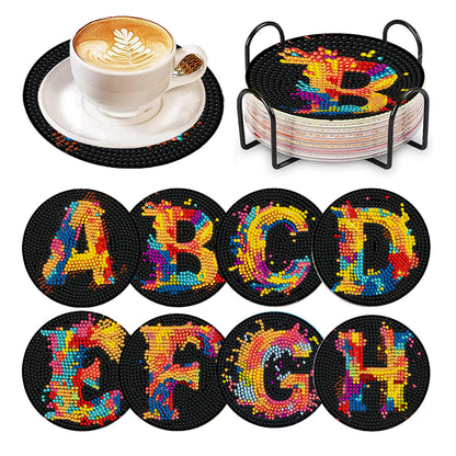 8 Pcs Wooden DIY Diamond Painting Art Coaster Kit with Holder (Alphabet)