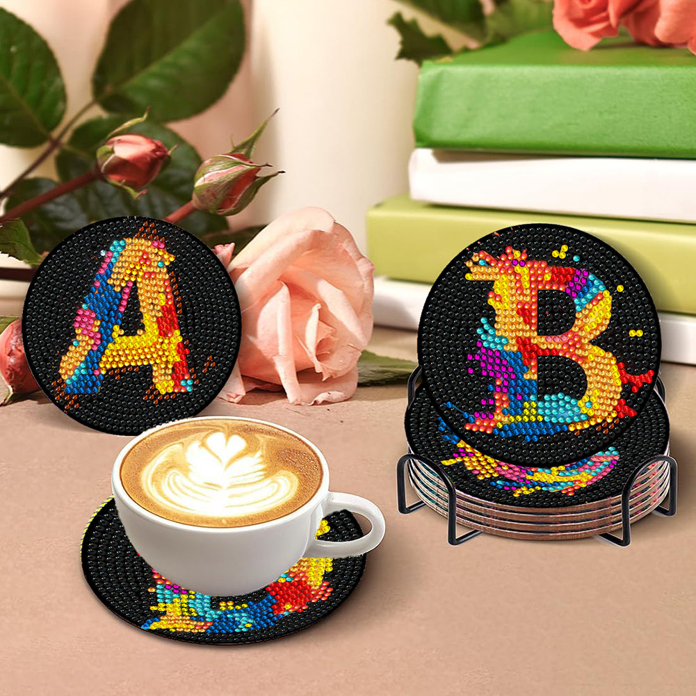 8 Pcs Wooden DIY Diamond Painting Art Coaster Kit with Holder (Alphabet)
