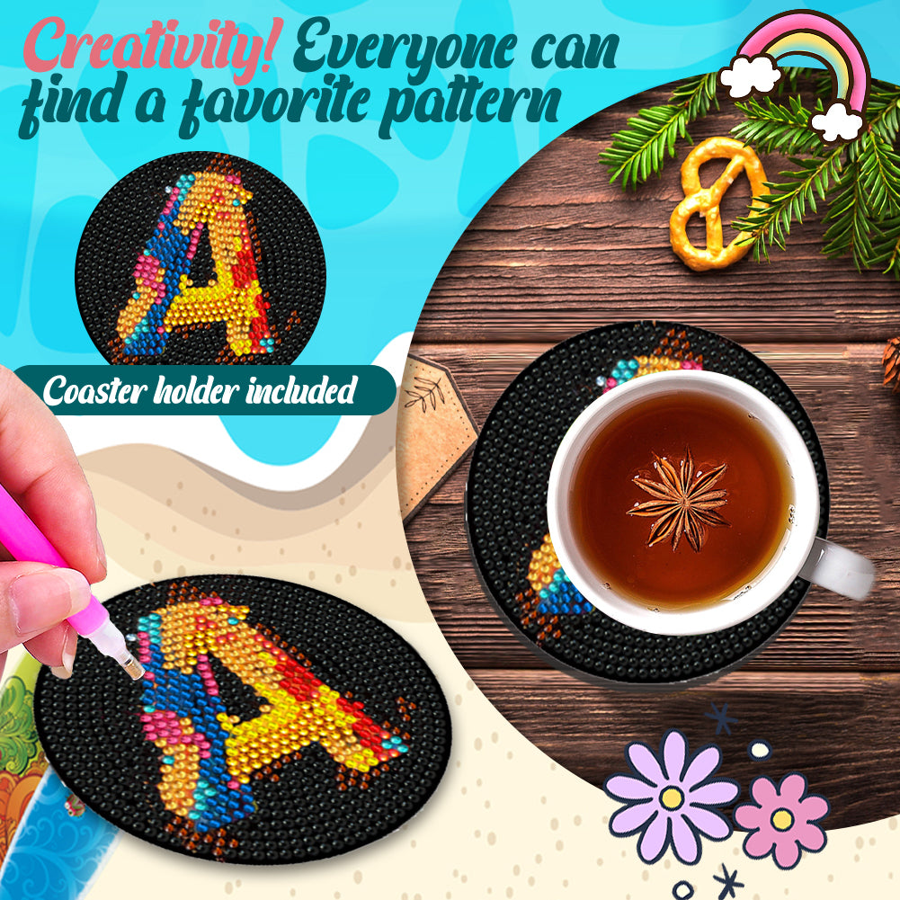 8 Pcs Wooden DIY Diamond Painting Art Coaster Kit with Holder (Alphabet)