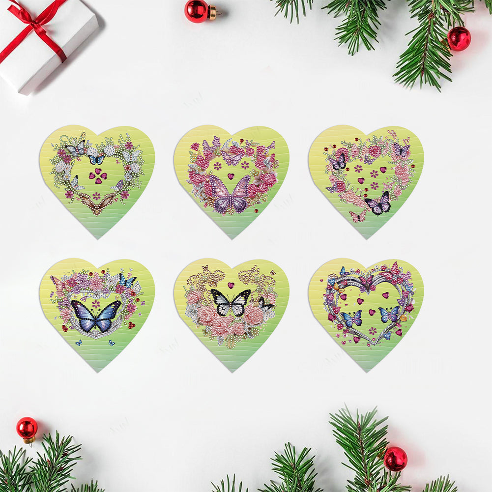 6 Pcs Christmas Special Shape Diamond Painting Greeting Card (Heart Butterfly)