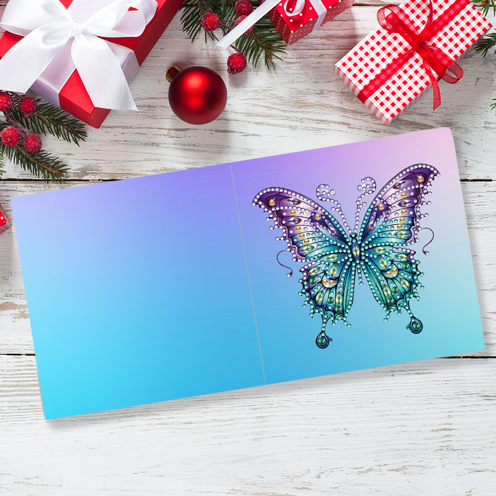 6 Pcs Christmas Butterfly Special Shape Diamond Painting Greeting Card Kit(Blue)