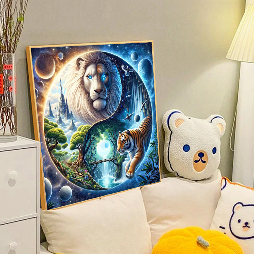 Yin Yang Diagram White Lion And Tiger - Full Round Drill Diamond Painting 40*40CM