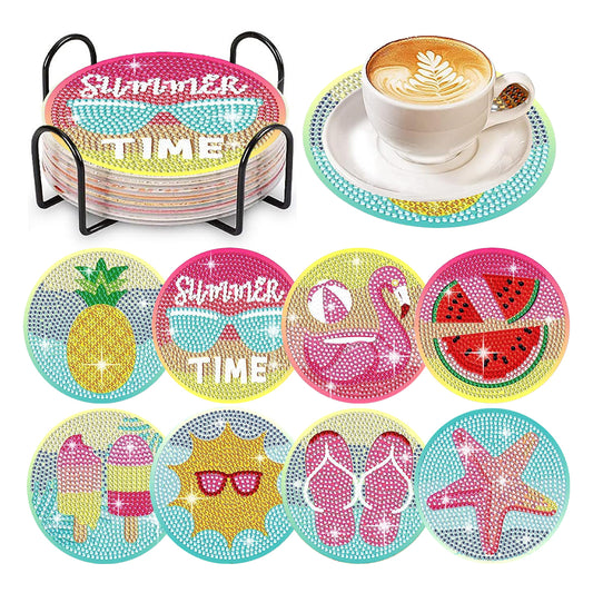 8 Pcs Wooden DIY Diamond Painting Coasters Kits with Holder (Colourful Holiday)