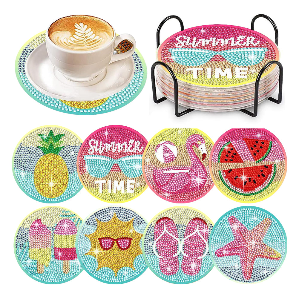8 Pcs Wooden DIY Diamond Painting Coasters Kits with Holder (Colourful Holiday)