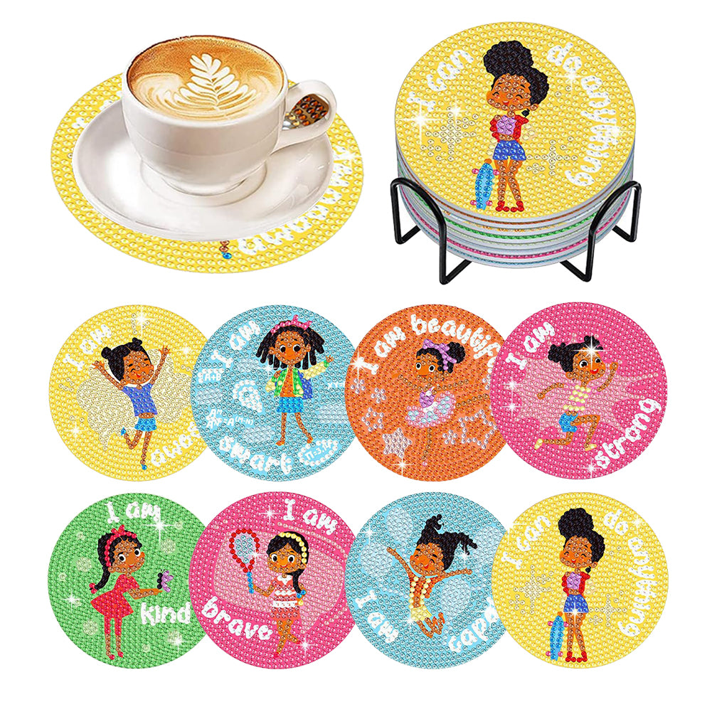 8 Pcs Wooden DIY Diamond Painting Coasters Kits with Holder (Girl on Vacation)