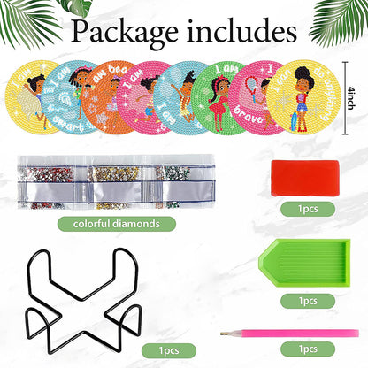 8 Pcs Wooden DIY Diamond Painting Coasters Kits with Holder (Girl on Vacation)
