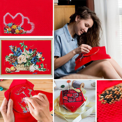 5 Pcs Red Cross Stitch Cloth 11 Count Classic Embroidery Fabric (11.8x11.8in)
