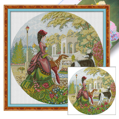 Lady And Dog(2) - 14CT Stamped Cross Stitch 44*44CM(Joy Sunday)