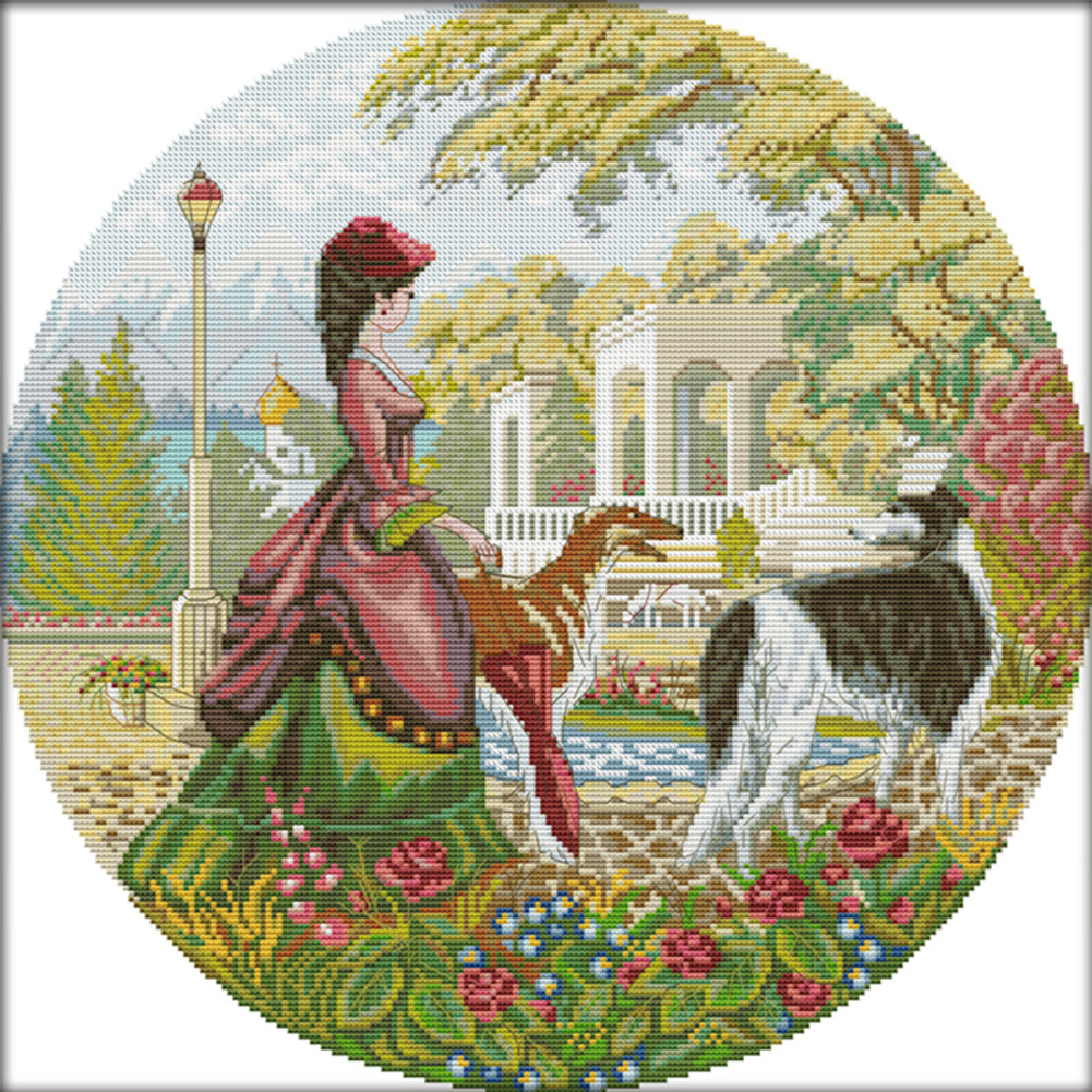 Lady And Dog(2) - 14CT Stamped Cross Stitch 44*44CM(Joy Sunday)