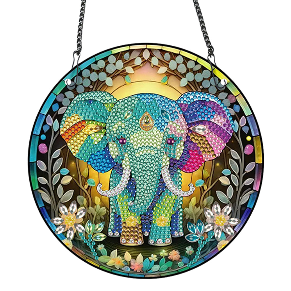 Acrylic Single-Sided Round Diamond Painting Hanging Pendant19.5x19.5cm(Elephant)