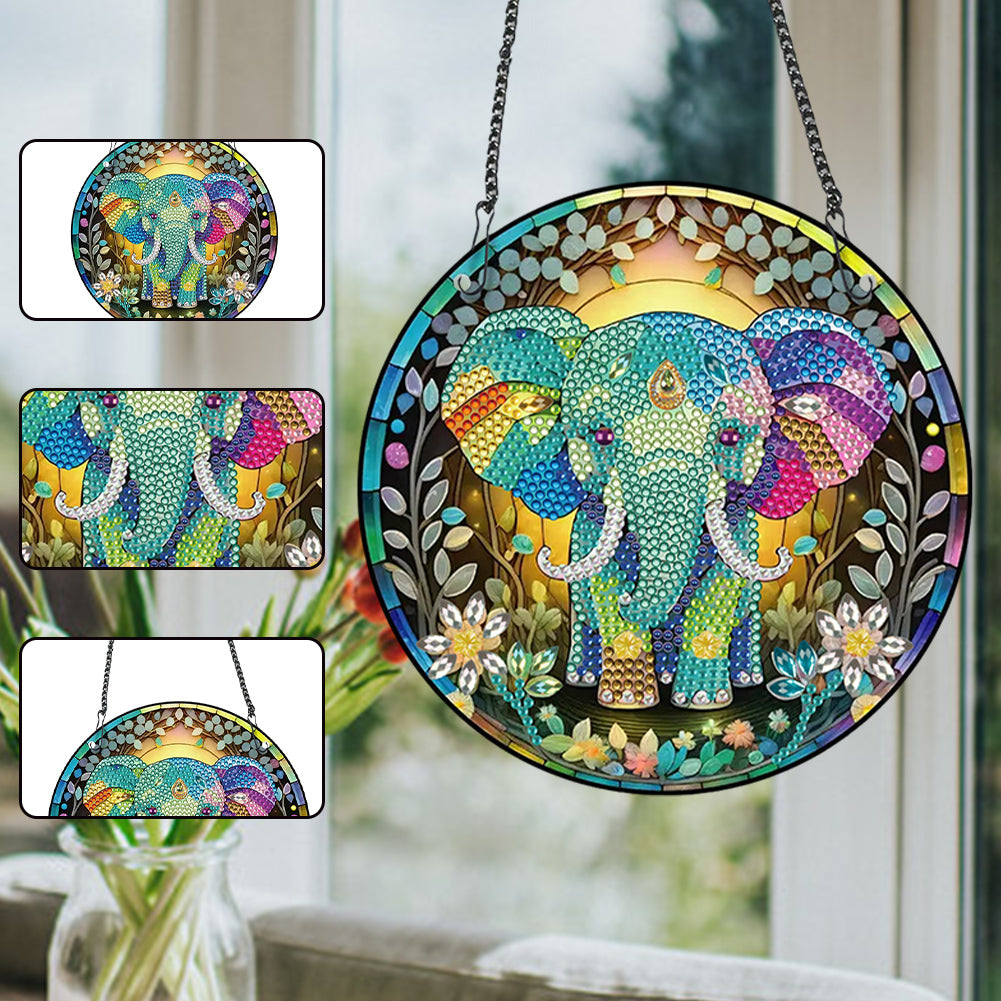 Acrylic Single-Sided Round Diamond Painting Hanging Pendant19.5x19.5cm(Elephant)