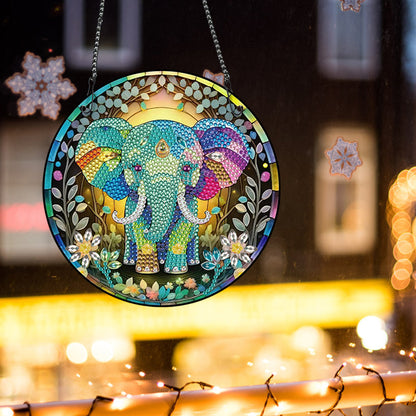 Acrylic Single-Sided Round Diamond Painting Hanging Pendant19.5x19.5cm(Elephant)