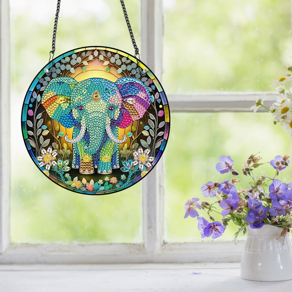 Acrylic Single-Sided Round Diamond Painting Hanging Pendant19.5x19.5cm(Elephant)