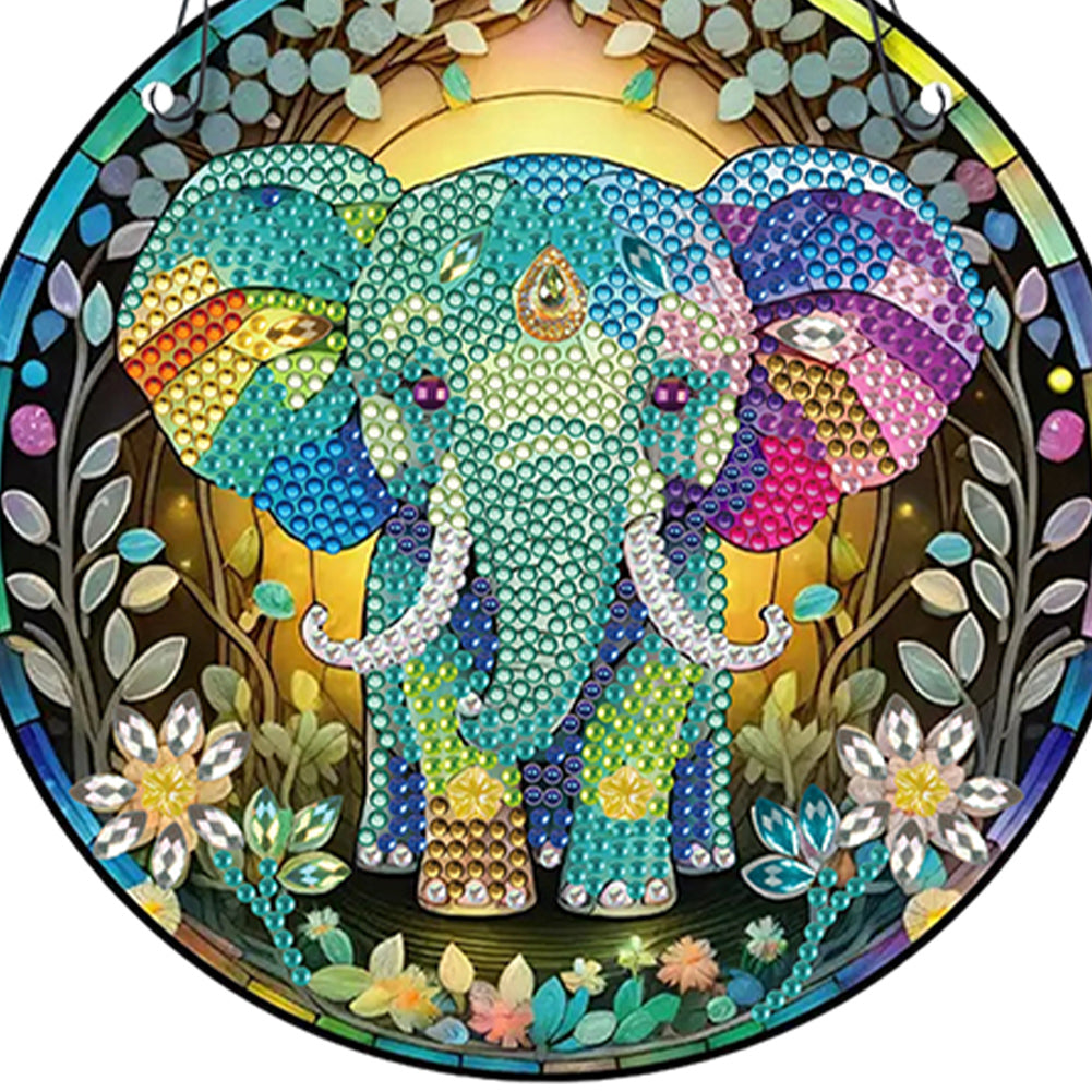 Acrylic Single-Sided Round Diamond Painting Hanging Pendant19.5x19.5cm(Elephant)