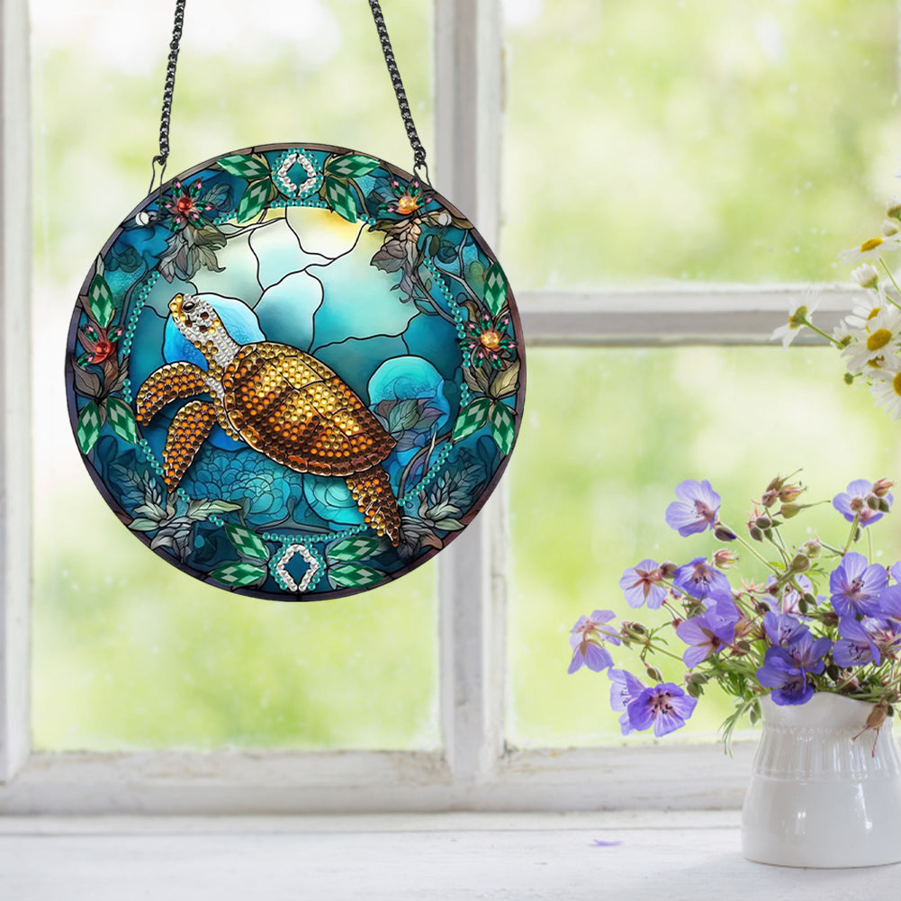 Acrylic Single-Sided Round Diamond Painting Hanging Pendant 19.5x19.5cm (Turtle)