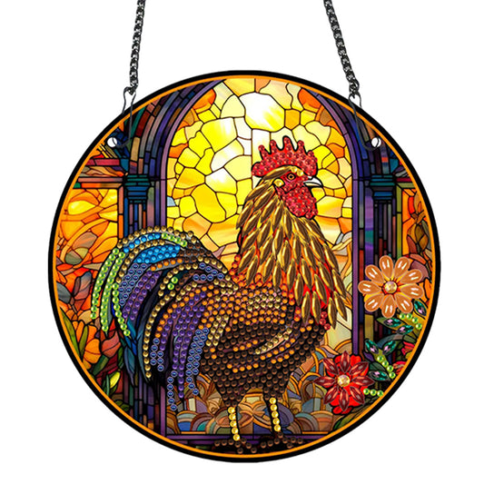 Acrylic Single-Sided Round Diamond Painting Hanging Pendant 19.5x19.5cm(Rooster)