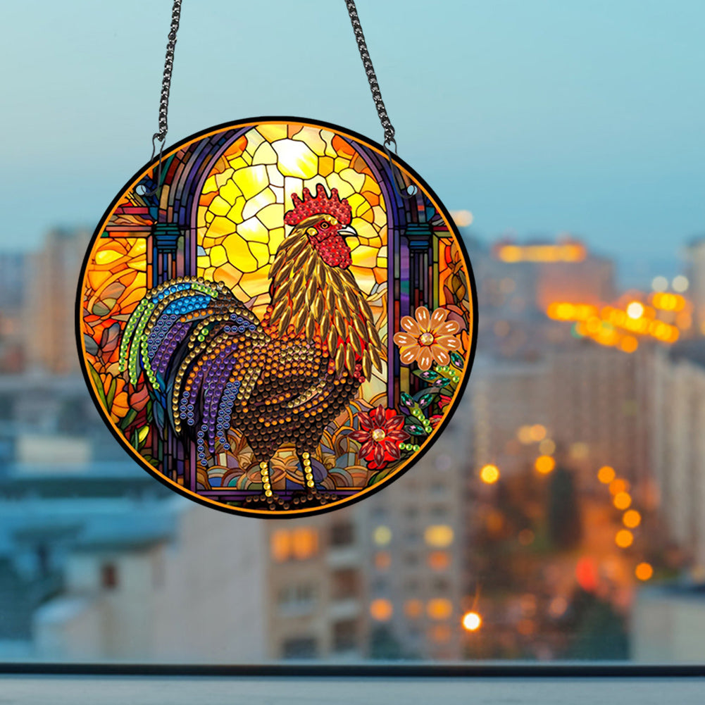 Acrylic Single-Sided Round Diamond Painting Hanging Pendant 19.5x19.5cm(Rooster)