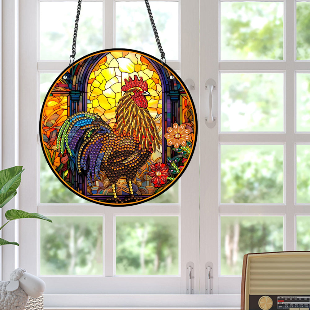 Acrylic Single-Sided Round Diamond Painting Hanging Pendant 19.5x19.5cm(Rooster)