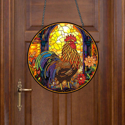 Acrylic Single-Sided Round Diamond Painting Hanging Pendant 19.5x19.5cm(Rooster)