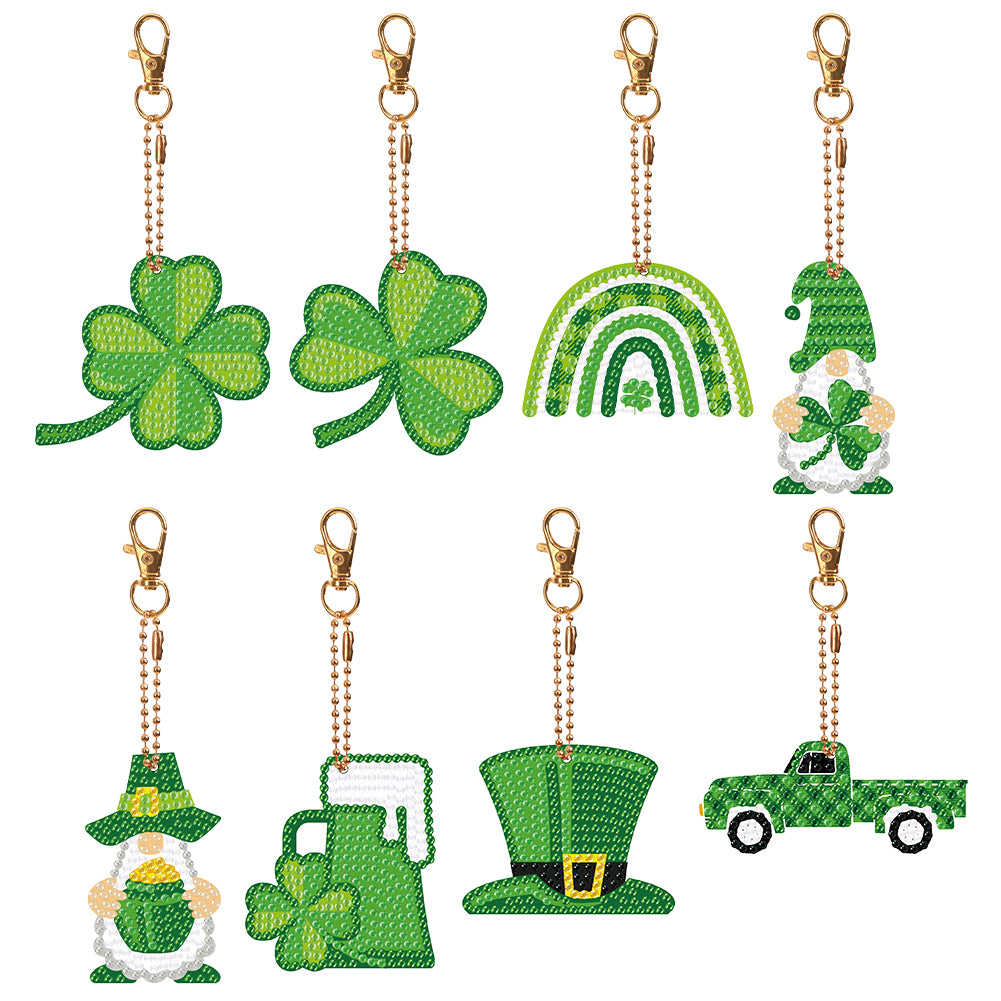 8 Pcs St. Patricks Day Shamrock Double Sided Diamond Painting Keychain Pendant