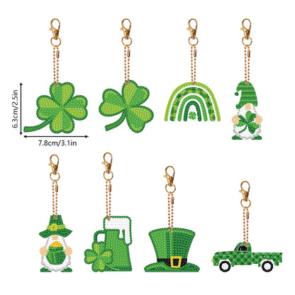 8 Pcs St. Patricks Day Shamrock Double Sided Diamond Painting Keychain Pendant