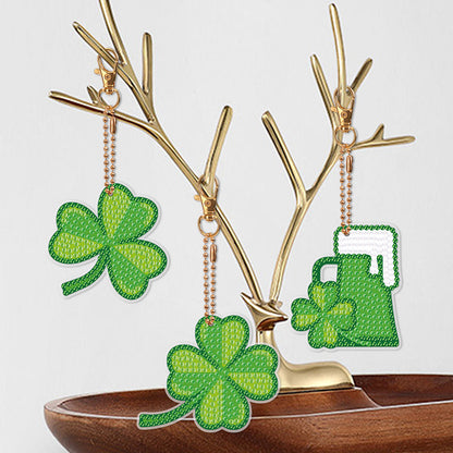 8 Pcs St. Patricks Day Shamrock Double Sided Diamond Painting Keychain Pendant