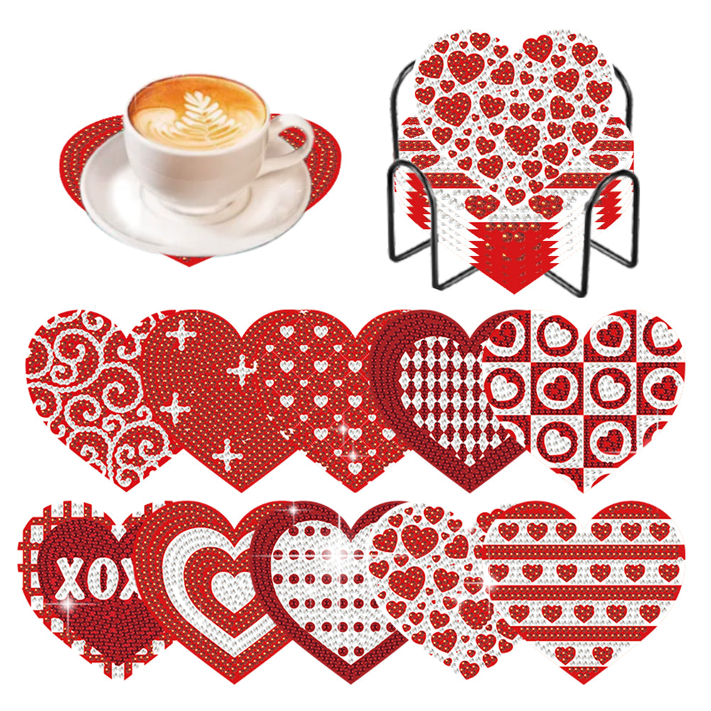 10 Pcs Wooden Diamond Painting Art Coaster Kit with Holder for Beginners (Heart)