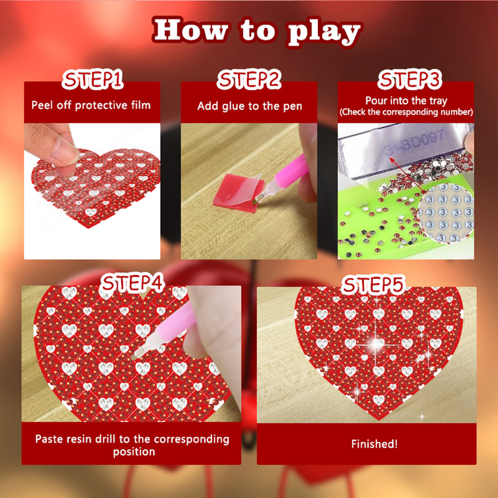 10 Pcs Wooden Diamond Painting Art Coaster Kit with Holder for Beginners (Heart)