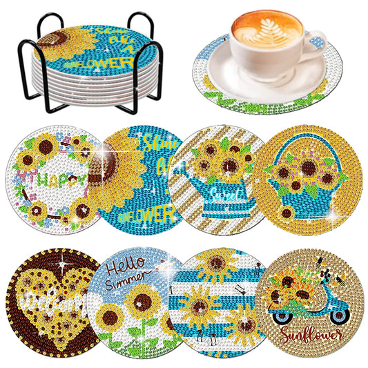 8 Pcs Wooden Diamond Painting Coasters Kits with Holder for Beginners(Sunflower)