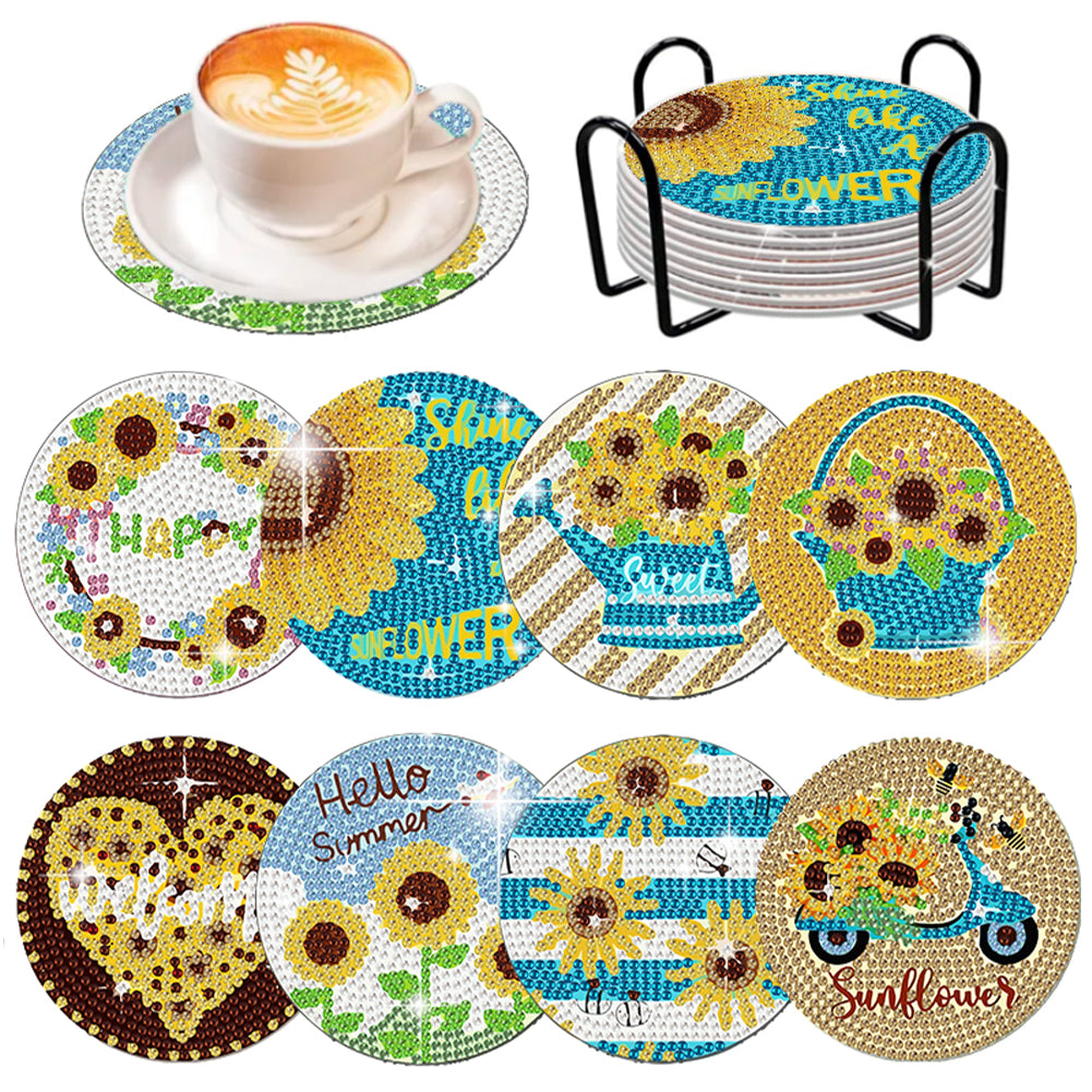 8 Pcs Wooden Diamond Painting Coasters Kits with Holder for Beginners(Sunflower)