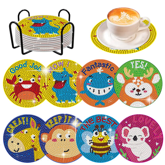 8 Pcs Wooden Diamond Painting Coasters Kits with Holder for Beginners (Animal)