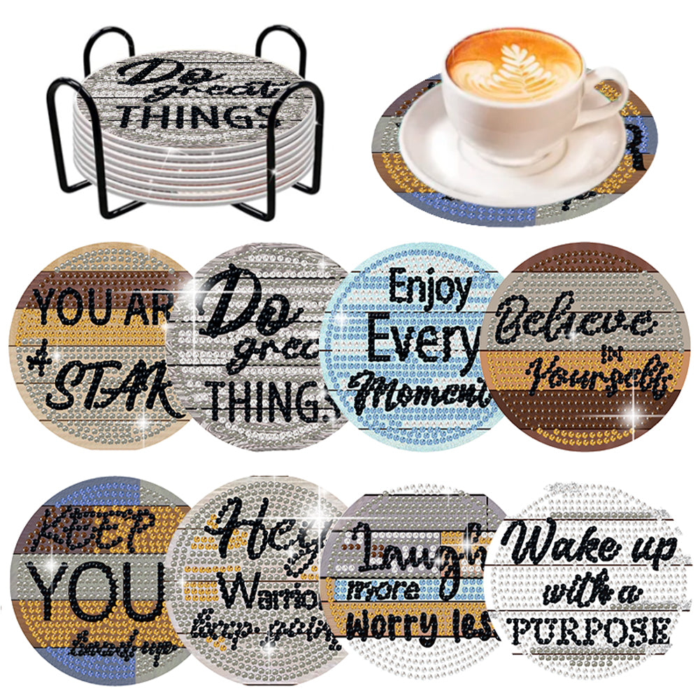 8 Pcs Wooden Diamond Painting Coasters Kits with Holder for Beginners (Phrase)