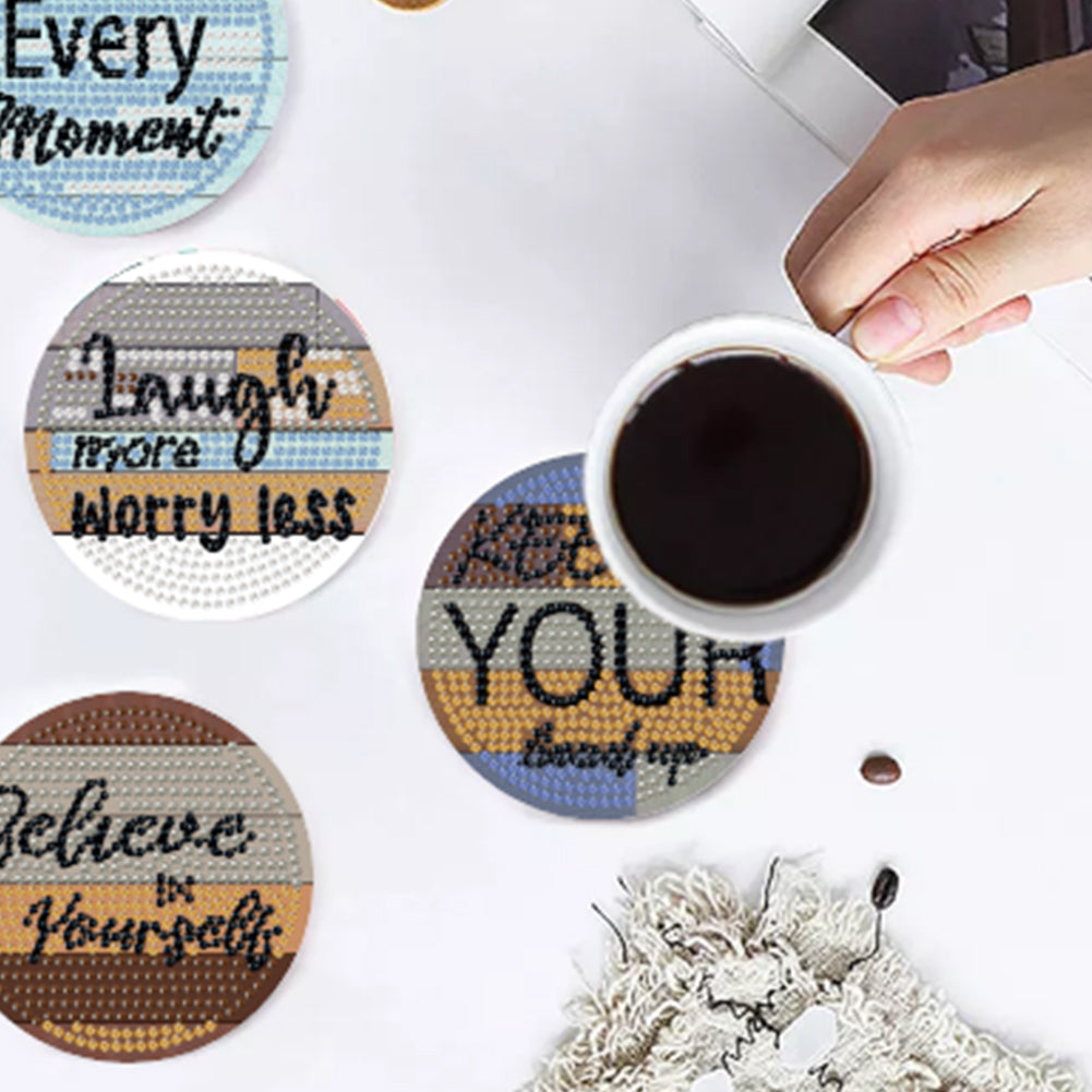 8 Pcs Wooden Diamond Painting Coasters Kits with Holder for Beginners (Phrase)