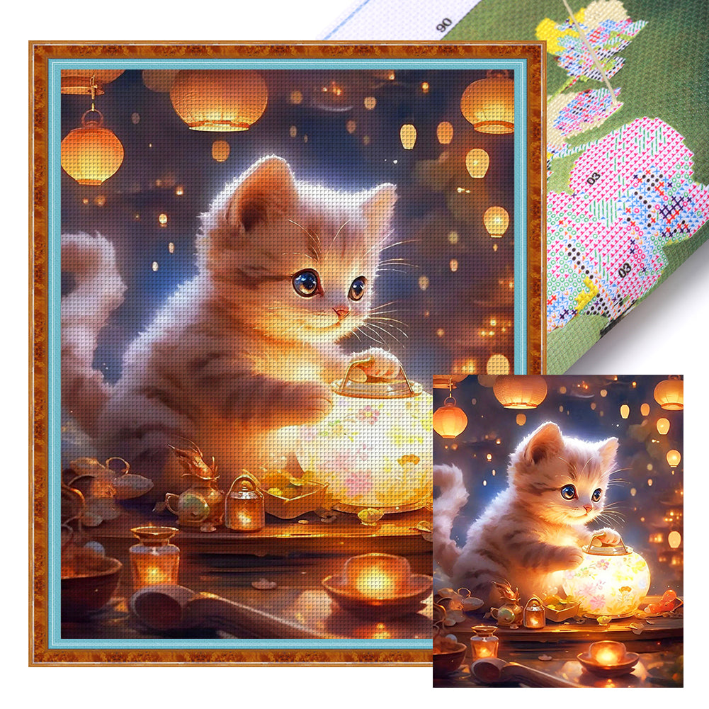 Kitten And Lantern - 11CT Stamped Cross Stitch 40*50CM