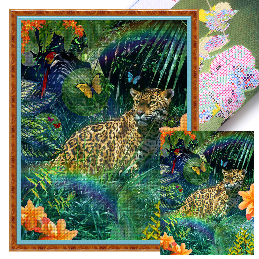 Leopard Among Flowers And Grass - 11CT Stamped Cross Stitch 50*65CM