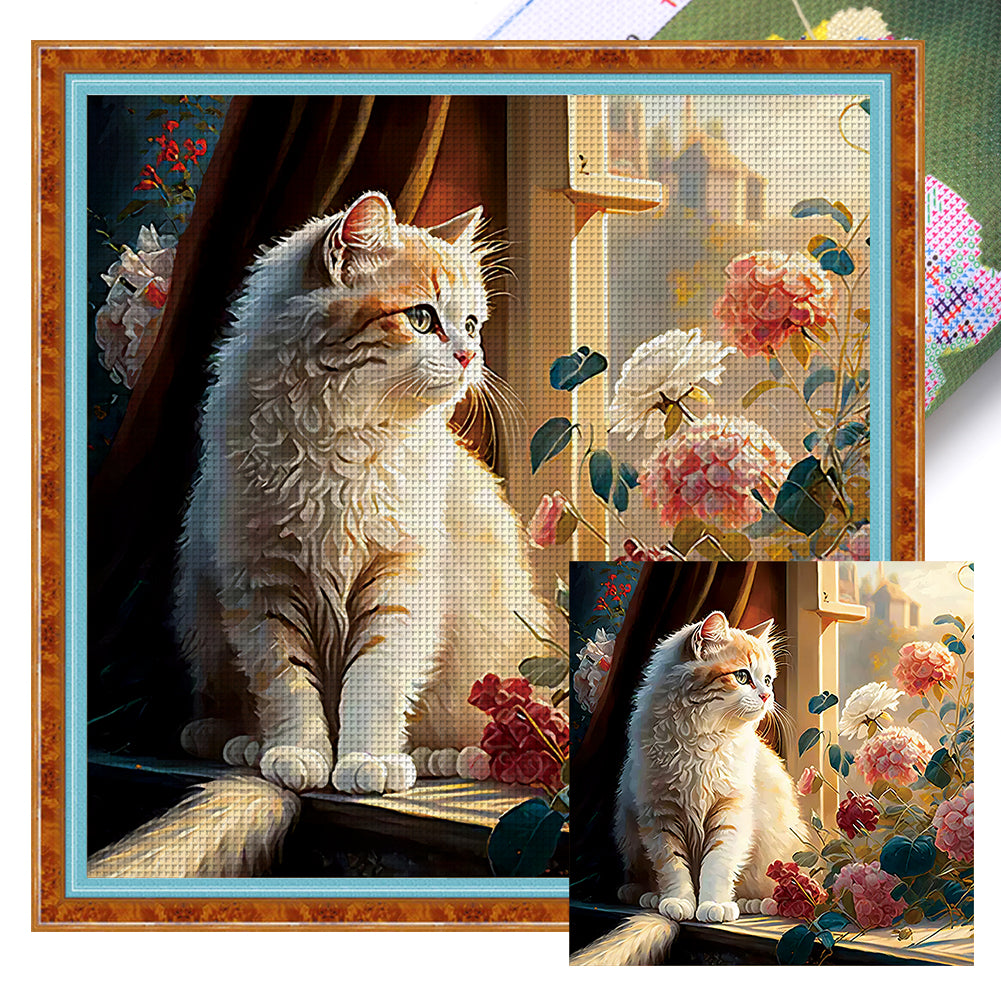 Windowsill Cat A - 11CT Stamped Cross Stitch 50*50CM