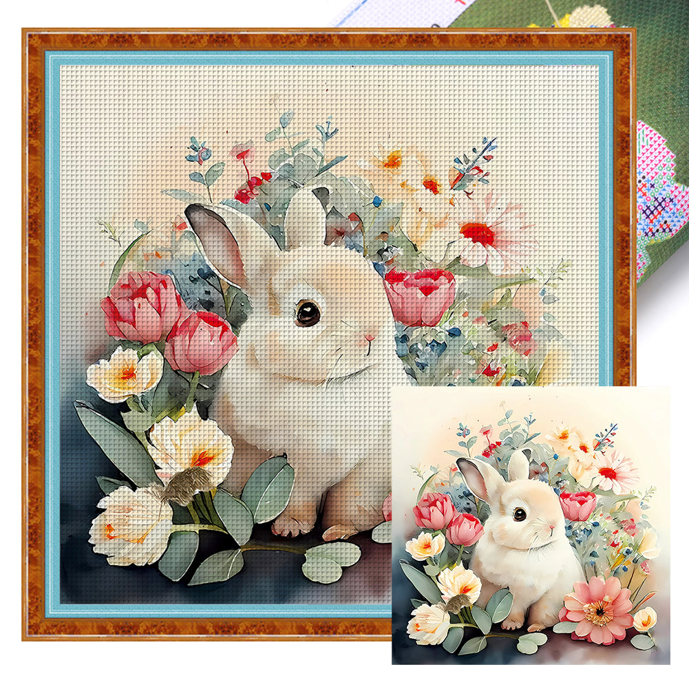 Rabbit A Among Flowers - 11CT Stamped Cross Stitch 50*50CM